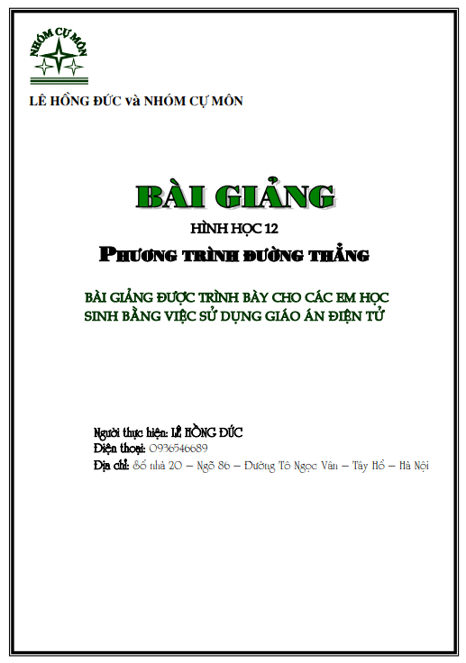 Bài giảng phương trình đường thẳng trong không gian - Lê Hồng Đức